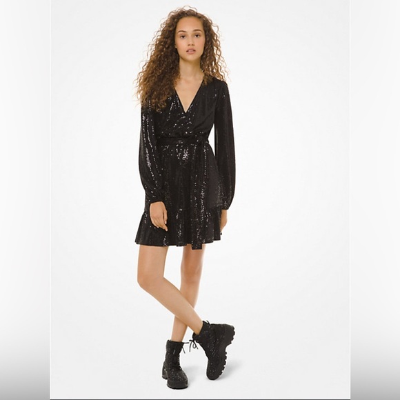 Michael Kors Mirror Dot Matte-Jersey Crossover Mini Dress long sleeve belted - Picture 11 of 11